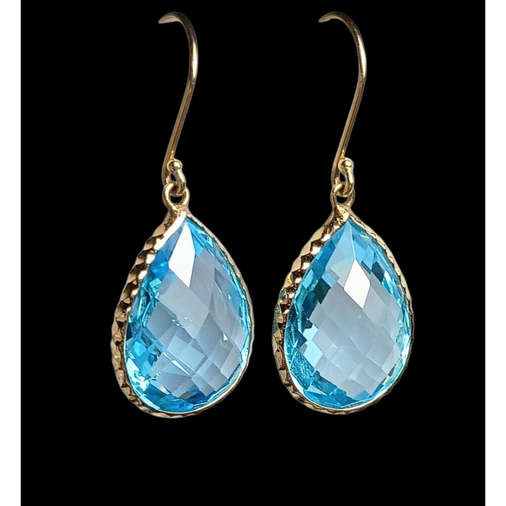 14K Yellow Gold Swiss Blue Topaz Drop Dangle French Wire Earrings - Picture 11 of 12